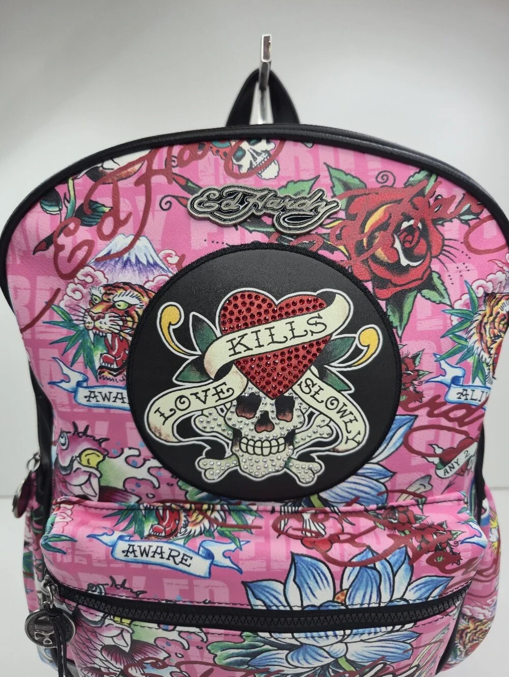 Ed Hardy Love Kills Slowly Tattoo Print Lap Top Backpack Pink Black Skull NWT